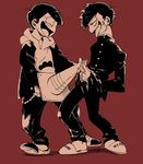  akiomi_aiko bad_id bad_pixiv_id black_hair brothers fang gakuran hood hoodie layered_clothing male_focus matsuno_ichimatsu matsuno_osomatsu messy_hair multiple_boys osomatsu-kun osomatsu-san red_background school_uniform sexually_suggestive sharp_teeth shoes siblings simple_background smile teeth tongue tongue_out traffic_cone uwabaki younger 