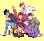  :&lt; :3 adjusting_eyewear alternate_costume arm_behind_head bad_id bad_pixiv_id baseball_cap baseball_uniform black_hair brothers crossed_legs cup glasses hat jacket male_focus matsuno_choromatsu matsuno_ichimatsu matsuno_juushimatsu matsuno_karamatsu matsuno_osomatsu matsuno_todomatsu monochrome multiple_boys necktie osomatsu-kun osomatsu-san plaid porkpie_hat sextuplets siblings simple_background sitting sketch sportswear sunglasses surgical_mask syoooheeei table v yellow_background 