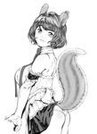  animal_ears bare_shoulders breasts elbow_gloves frills from_behind gloves greyscale large_breasts looking_back microskirt monochrome original panties parted_lips short_hair simple_background skirt smile solo squirrel_ears squirrel_tail tail underwear white_background xxzero 