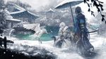  animal architecture armor bangs bird black_gloves blue_hair crane_(animal) east_asian_architecture fence fur_trim gloves grass grey_sky hair_ribbon hakama haori highres holding holding_umbrella ice_(805482263) japanese_armor japanese_clothes katana male_focus mikazuki_munechika multiple_boys on_ground oriental_umbrella outdoors ribbon silver_hair sitting snow snowing stairs sword touken_ranbu tree tsurumaru_kuninaga umbrella walking weapon white_hair wooden_fence 