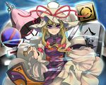  armband aura blonde_hair blue_background bow breasts character_name dress eyebrows flame_print gap hair_bow hair_up hat hat_ribbon holding holding_pipe light long_sleeves looking_at_viewer medium_breasts mob_cap pipe pointing pointing_at_viewer purple_eyes ribbon ribbon_trim riputon_(lipton_sabou) road_sign shaded_face sidelocks sign simple_background smoke solo tabard touhou trigram umbrella white_dress wide_sleeves yakumo_yukari yin_yang 