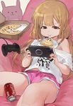  &gt;:) bangs bare_shoulders blonde_hair blush brown_eyes cable can cheese clothes_writing coca-cola controller dualshock eating food futaba_anzu game_controller gamepad handheld_game_console holding idolmaster idolmaster_cinderella_girls legs long_hair mossi off_shoulder panties panty_peek pink_ribbon pink_shorts pizza pizza_box plate playing_games playstation_portable ribbon shirt short_sleeves shorts sitting smile soda_can solo stuffed_animal stuffed_bunny stuffed_toy t-shirt twintails underwear v-shaped_eyebrows white_shirt you_work_you_lose 
