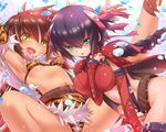  :d animal_print aqua_eyes armpits arms_up bella_(sennen_sensou_aigis) belt betty_(sennen_sensou_aigis) between_breasts bikini_top blush breasts brown_hair fur_trim hair_ribbon hand_on_own_chest multiple_girls open_mouth outstretched_arms purple_hair revealing_clothes ribbon sennen_sensou_aigis shiny shiny_skin small_breasts smile spread_arms spread_legs tiger_print tsukigami_chronica v-shaped_eyebrows yellow_eyes 