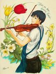  amasawa_seiji apron bad_id bad_pixiv_id black_hair blue_eyes bow_(instrument) daisy english flower highres instrument kuiro_916 male_focus marker_(medium) mimi_wo_sumaseba music playing_instrument solo studio_ghibli traditional_media tulip twitter_username violet_(flower) violin 