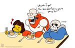  &lt;3 2015 bone crumbs food fork frisk monochrome papyrus_(undertale) pie redrockuniverse sans_(undertale) skeleton smile undertale video_games 