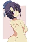  :o ass back bad_id bad_pixiv_id blush breasts from_behind hat kantai_collection large_breasts looking_back naruse_mai nude purple_hair red_eyes short_hair sideboob solo takao_(kantai_collection) 