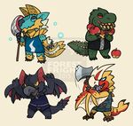  2015 animal_crossing axe blue_eyes brute_wyvern capcom crossover cute deviljho fanged_wyvern flying_wyvern melee_weapon monster_hunter nargacuga nintendo open_mouth pseudowyvern red_eyes scales scalie seregios simple_background tongue video_games weapon yellow_eyes zinogre 