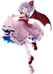  ascot bad_id bad_pixiv_id bat_wings dress full_body gotoh510 hat hat_ribbon highres lavender_hair looking_at_viewer mary_janes mob_cap open_mouth pink_dress puffy_sleeves red_eyes remilia_scarlet ribbon sash shoes short_hair short_sleeves simple_background skirt_hold smile socks solo sparkle touhou white_background white_legwear wings wrist_cuffs 