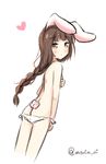  animal_ears ass bad_id bad_pixiv_id blush braid breasts brown_eyes brown_hair bunny_ears bunny_tail butt_crack covering covering_breasts dutch_angle heart long_hair looking_at_viewer looking_back lowleg lowleg_panties mony original panties simple_background single_braid sketch small_breasts solo tail topless twitter_username underwear underwear_only white_background white_panties 
