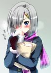  bag baozi black_gloves blue_eyes blush breath buttons coat cold eating food gloves grey_background grey_hair hair_over_one_eye hamakaze_(kantai_collection) holding holding_bag kantai_collection long_sleeves looking_at_viewer perepere-kun pink_scarf scarf short_hair simple_background solo translated upper_body winter_clothes winter_coat 