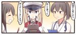  akagi_(kantai_collection) blonde_hair blue_eyes brown_hair capelet closed_eyes commentary_request graf_zeppelin_(kantai_collection) handheld_game_console hat ido_(teketeke) japanese_clothes kaga_(kantai_collection) kantai_collection long_hair multiple_girls muneate_removed nintendo_3ds peaked_cap playing_games ponytail side_ponytail simple_background tears translated twintails upper_body 