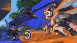  2boys artist_name blue_eyes dashxero gun hat headphones highres ink ink_tank_(splatoon) inkling multiple_boys orange_eyes paint_roller palm_tree sky splat_charger_(splatoon) splat_roller_(splatoon) splatoon_(series) splatoon_1 tentacle_hair tree weapon 