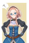  alternate_hairstyle angry blue_eyes blush breasts cleavage dress glasses hairband hands_on_hips katie_(sennen_sensou_aigis) large_breasts looking_at_viewer ogami_kazuki sennen_sensou_aigis short_hair_with_long_locks sidelocks solo upper_body 