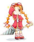  blush_stickers braid brown_eyes capelet carine deviantart_sample drill full_body gloves goggles goggles_on_head gurumin holding holding_weapon image_sample looking_at_viewer one_eye_closed orange_hair oversized_zipper parin skirt smile solo standing twin_braids weapon white_background 