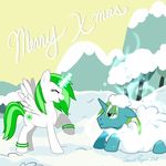  2012 blue_fur cutie_mark english_text equine eyes_closed fan_character feathers female feral fur green_fur green_hair hair hooves horn magic male mammal mountain multicolored_hair my_little_pony outside pickles raised_leg side_view sky smile snow text touchofsnow tree two_tone_hair unicorn white_feathers white_fur white_hair winged_unicorn wings wintergreen 