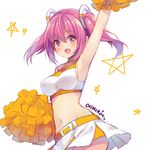 :d arm_up armpits artist_name bare_shoulders belt blush cheerleader chiiririn crop_top hair_rings highres hips looking_at_viewer midriff navel open_mouth original pink_eyes pink_hair pom_poms shirt simple_background skirt smile solo star stomach taut_clothes taut_shirt two_side_up uniform white_background white_skirt 