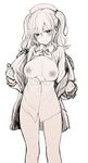  akanagi blush breasts breasts_outside epaulettes hat kantai_collection kashima_(kantai_collection) large_breasts looking_at_viewer military military_uniform monochrome nipples protected_link seductive_smile sketch smile solo twintails undressing uniform wavy_hair 