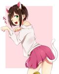  ;d animal_ears brown_hair cat_ears cat_girl cat_tail commentary_request fang from_behind green_eyes idolmaster idolmaster_cinderella_girls looking_at_viewer maekawa_miku one_eye_closed open_mouth paw_pose short_hair shouno_kotarou skirt smile solo tail 