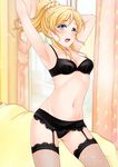  arms_up ayase_eli bed black_bra black_panties blonde_hair blue_eyes blush bra breasts cleavage cowboy_shot curtains fishnets garter_belt groin kurono_kito lace lace-trimmed_garter_belt lace-trimmed_thighhighs lingerie long_hair looking_at_viewer love_live! love_live!_school_idol_project navel open_mouth panties ponytail small_breasts solo thighhighs underwear underwear_only window 