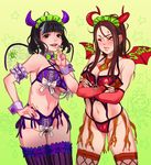  arm_garter bangs bikini black_hair blunt_bangs blush breasts brown_hair cleavage closed_eyes demon_horns demon_wings earrings fishnet_legwear fishnets groin halloween horns hoshi_kubi jewelry large_breasts long_hair looking_at_viewer maid_headdress multiple_girls nail_polish navel original purple_legwear purple_nails red_nails smile star star_earrings sweatdrop swimsuit thighhighs underboob wings wrist_cuffs 