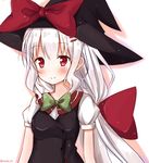  bad_id bad_pixiv_id black_hat blush bow bowtie green_bow hair_bow hair_ornament hairpin hat hat_bow large_bow long_hair mony original puffy_short_sleeves puffy_sleeves red_bow red_eyes short_sleeves sidelocks silver_hair simple_background smile solo twitter_username upper_body white_background witch witch_hat 