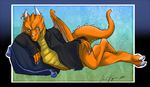  2012 anthro bottomless claws clothed clothing dragon english_text green_eyes half-dressed horn looking_at_viewer male orange_scales pillow pose scales scalie shirt slit_pupils smile solo spikes teeth text toe_claws touchofsnow wings yellow_scales 