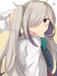  adjusting_hair alternate_hairstyle asashimo_(kantai_collection) blush grey_eyes hair_over_one_eye hiiragi_souren kantai_collection long_hair out_of_frame silver_hair solo_focus twintails tying_hair 