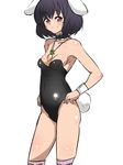  animal_ears bare_shoulders black_hair breasts bunny_ears bunny_girl carrot_necklace choker cleavage hands_on_hips highres inaba_tewi kagemusha looking_at_viewer red_eyes short_hair simple_background small_breasts solo touhou white_background 