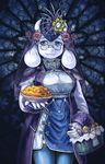 adapted_costume animal_ears basket blue_eyes embellished_costume fangs flower flowey_(undertale) food glasses goat_ears goat_girl hat heart highres horns jewelry monster_girl napstablook pie saturnspace shell sleeve_cuffs thighhighs toriel undertale veil when_you_see_it 