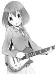  greyscale guitar hirasawa_yui instrument k-on! katatsuka_kouji monochrome open_mouth sakuragaoka_high_school_uniform school_uniform short_hair solo 