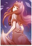  animal_ears ayakura_juu brown_hair from_behind holo long_hair official_art red_eyes solo spice_and_wolf tail wolf_ears wolf_tail 