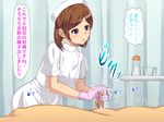  1girl blue_eyes brown_hair censored clothed_female_nude_male cum cum_on_self ejaculation from_side glansjob gloves handjob hat hetero highres mosaic_censoring motion_blur natsumyun nude nurse nurse_cap open_mouth original penis purple_gloves rubber_gloves solo_focus translated 