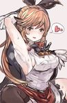  :d arm_up armpits black_gloves black_legwear black_ribbon breasts clarisse_(granblue_fantasy) covered_nipples gloves granblue_fantasy green_eyes hair_ribbon heart large_breasts light_brown_hair long_hair miniskirt open_mouth pantyhose ponytail red_skirt ribbon sideboob simple_background skirt smile solo speech_bubble spoken_heart steam sweat toi_(toiot) 