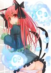  1girl alternate_hairstyle animal_ears aqua_dress ass ass_support bow cat_ears cat_tail dress floating_skull hair_bow highres juliet_sleeves kaenbyou_rin long_hair long_sleeves looking_at_viewer multiple_tails nekomata panties panty_pull puffy_sleeves red_eyes red_hair solo striped striped_panties tail touhou two_tails underwear very_long_hair 