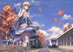  autumn_leaves blonde_hair blue_eyes dress ground_vehicle huanxiang_huifeng long_hair looking_at_viewer original outdoors railroad_tracks smile solo train train_station 