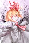  ascot blonde_hair darkness dress frilled_dress frills hair_ribbon highres kz_oji outstretched_arms red_eyes ribbon rumia shirt short_hair smile solo spread_arms touhou 