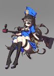  ammunition anti-materiel_rifle bad_id bad_pixiv_id belt_boots black_footwear black_hair blue_eyes boots breasts caitlyn_(league_of_legends) cleavage full_body garters gun hat highres knee_boots league_of_legends long_hair medium_breasts midriff navel officer_caitlyn police police_hat police_uniform policewoman rabbit_(tukenitian) rifle simple_background sniper_rifle solo tsurime uniform weapon 