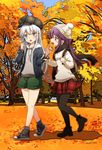  akatsuki_(kantai_collection) alternate_costume alternate_headwear blue_eyes crepe food hibiki_(kantai_collection) highres kantai_collection long_hair long_sleeves motohara_moka multiple_girls open_mouth outdoors pantyhose purple_eyes purple_hair scarf shorts silver_hair skirt tree twitter_username 