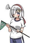  alternate_costume blue_eyes blush breasts commentary_request flag gym_shorts gym_uniform hair_ornament hair_over_one_eye hairband hairclip hamakaze_(kantai_collection) highres holding kantai_collection kawabatake medium_breasts numbered_flag pennant shirt short_hair short_sleeves shorts silver_hair simple_background solo sweat sweatdrop white_background white_shirt 