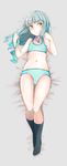  aqua_panties bangs bare_shoulders black_legwear blunt_bangs brown_eyes comah hair_down highres holding holding_hair kantai_collection kasumi_(kantai_collection) long_hair looking_at_viewer lying navel on_back panties silver_hair solo underwear underwear_only 