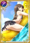  ass banana_boat bikini black_bikini brown_eyes brown_hair card_(medium) day ikkitousen long_hair looking_at_viewer outdoors solo swimsuit ten'i_(ikkitousen) water wet 