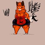  2015 anthro apron barefoot big_breasts breasts canine chest_tuft cleavage clothed clothing dog eyes_closed fangs fur huge_breasts japanese_text mammal mature_female nipple_slip orange_fur smile solo standing text tuft wafun wide_hips wolflance 