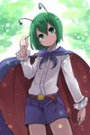  adapted_costume antennae bad_id bad_twitter_id belt cape d@i green_eyes green_hair head_tilt highres long_sleeves looking_up parted_lips shirt short_hair shorts solo touhou wriggle_nightbug 