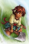  ajna_(indivisible) ankle_wrap axe beads bracelet commentary dark_skin english_commentary feet grass hatchet indivisible jewelry maxa' sandals shorts sitting skirt smile solo weapon 