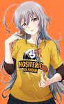  71 ahoge blush braid grey_eyes hair_ribbon head_tilt hoshi_shouko idolmaster idolmaster_cinderella_girls long_hair looking_at_viewer mushroom open_mouth ribbon shirt silver_hair single_braid smile solo t-shirt very_long_hair 