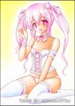  :d armband bare_shoulders black_border border bow choker color_ink_(medium) hair_between_eyes hair_bow nightmare77zx open_mouth original panties pink_eyes sitting smile solo thighhighs traditional_media twintails underwear wariza white_panties 