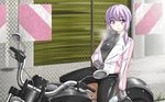  biker_clothes bikesuit black_gloves blush bodysuit breasts fence garage gloves ground_vehicle headwear_removed helmet helmet_removed holding holding_helmet long_sleeves low_twintails motor_vehicle motorcycle outdoors purple_eyes purple_hair shimotsuki_iko short_hair sitting skin_tight small_breasts smile solo twintails unzipping vocaloid voiceroid yuzuki_yukari 
