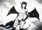  absurdres black_gloves black_hair blue_eyes blue_nipples boots breasts demon_girl demon_horns demon_tail demon_wings elbow_gloves gloves glowing glowing_eyes grey_skin grin groin hand_on_hip highres holding holding_weapon horns long_hair looking_at_viewer medium_breasts navel okuto original smile solo tail teeth weapon wings 