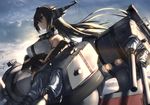  arm_guards armlet backlighting bare_shoulders black_hair brown_eyes cannon choker crossed_arms elbow_gloves expressionless fingerless_gloves gloves hair_between_eyes headgear kantai_collection machinery nagato_(kantai_collection) navel outdoors rigging sky solo standing sunrise tsuuhan turret weapon 