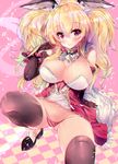  animal_ears bad_id bad_pixiv_id bare_shoulders blonde_hair blush breasts bunny_ears cleavage commentary_request frills gloves large_breasts long_hair looking_at_viewer navel noto_kurumi original panties red_panties smile solo thighhighs twintails underwear 